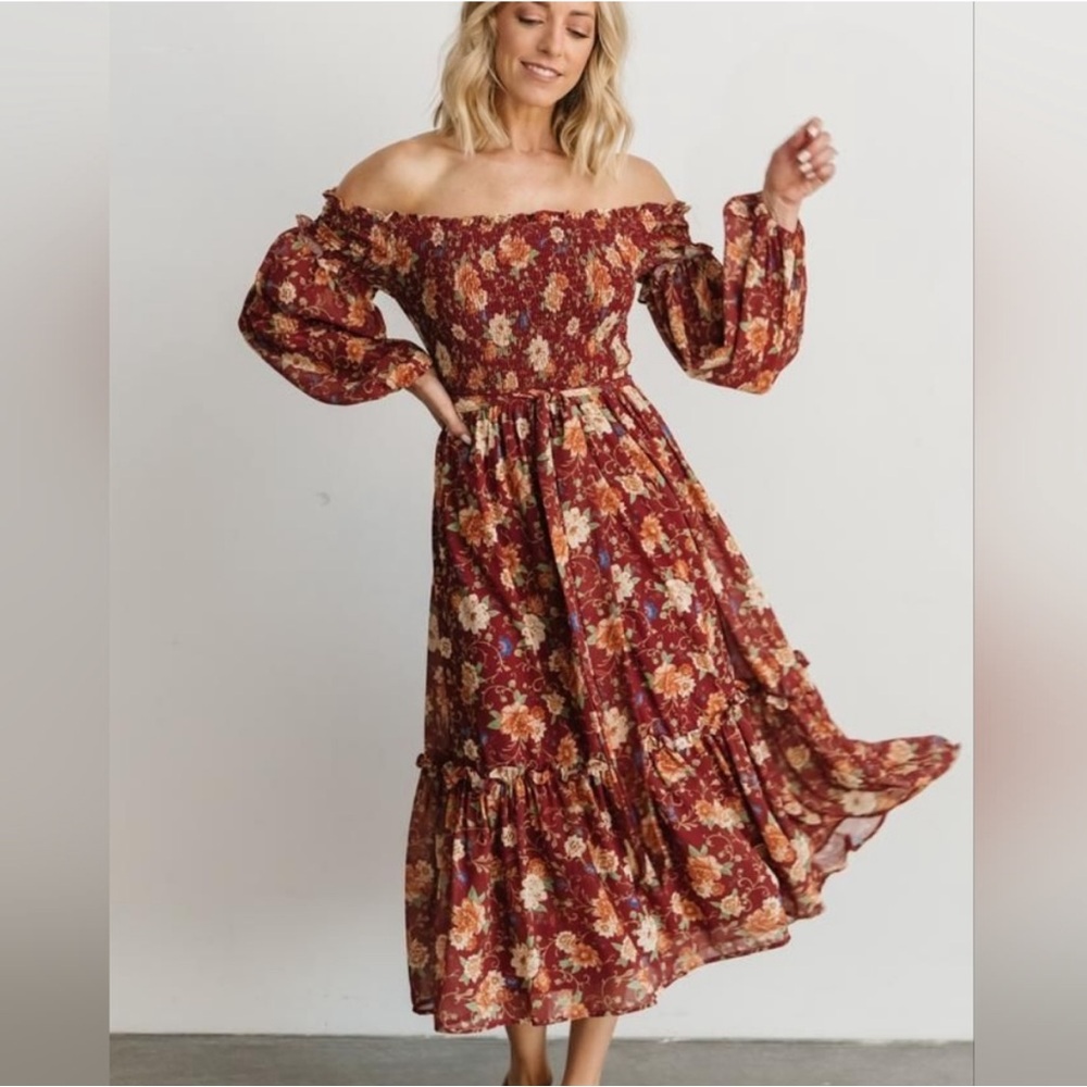 Baltic Born Off-Shoulder Floral Midi Dress - Burgundy and Cream